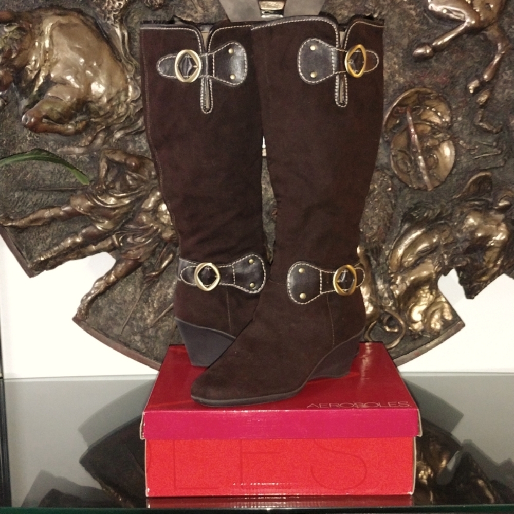 Brown Double Zip Wedged Heel Buckled Suede Boots - AEROSOLES